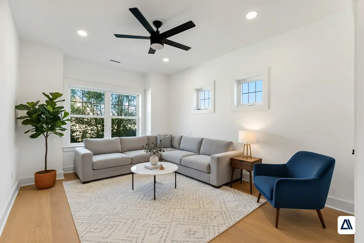 The same living room virtually staged with a sofa, rug, coffee table, lamp and armchair