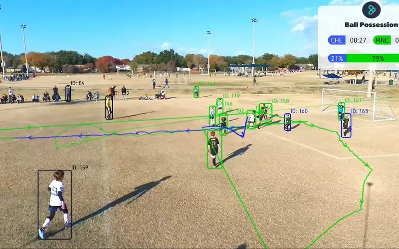Soccer match footage with every player boxed and numbered, ball paths drawn on the pitch and a live ball-possession panel